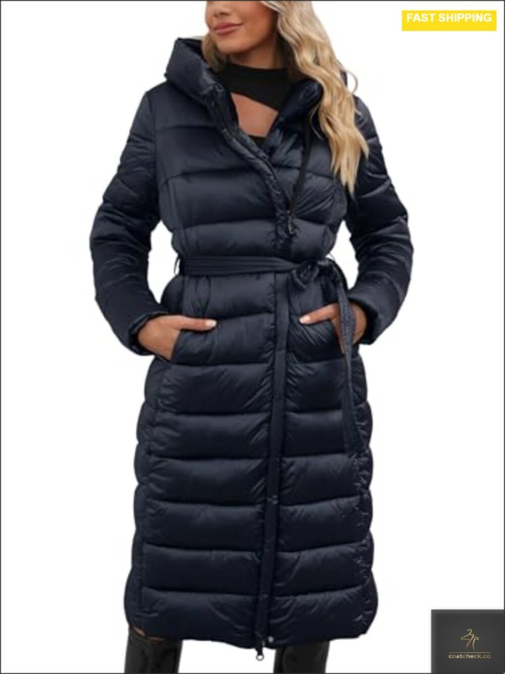 Quilted Puffer Long Winter Belted Coat, Hooded, Waterproof